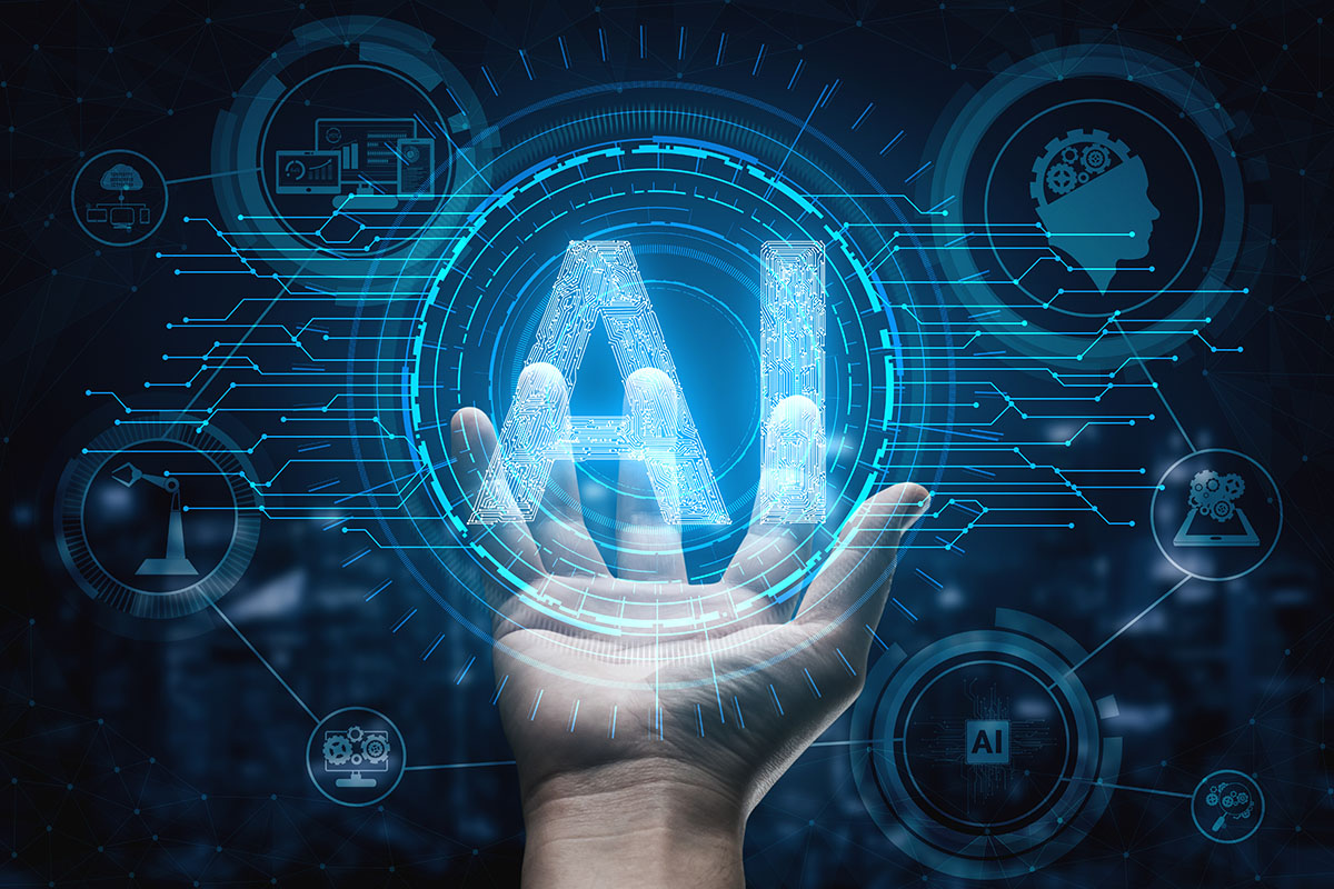 A hand reaching towards a glowing "AI" symbol, surrounded by digital circuitry and icons representing artificial intelligence, technology, and automation.